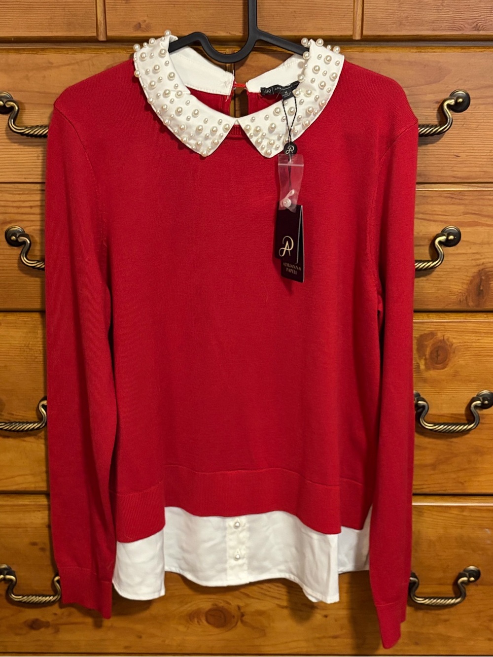 Adrianna Papell Red Sweater with Pearl-Embellished White Collar
